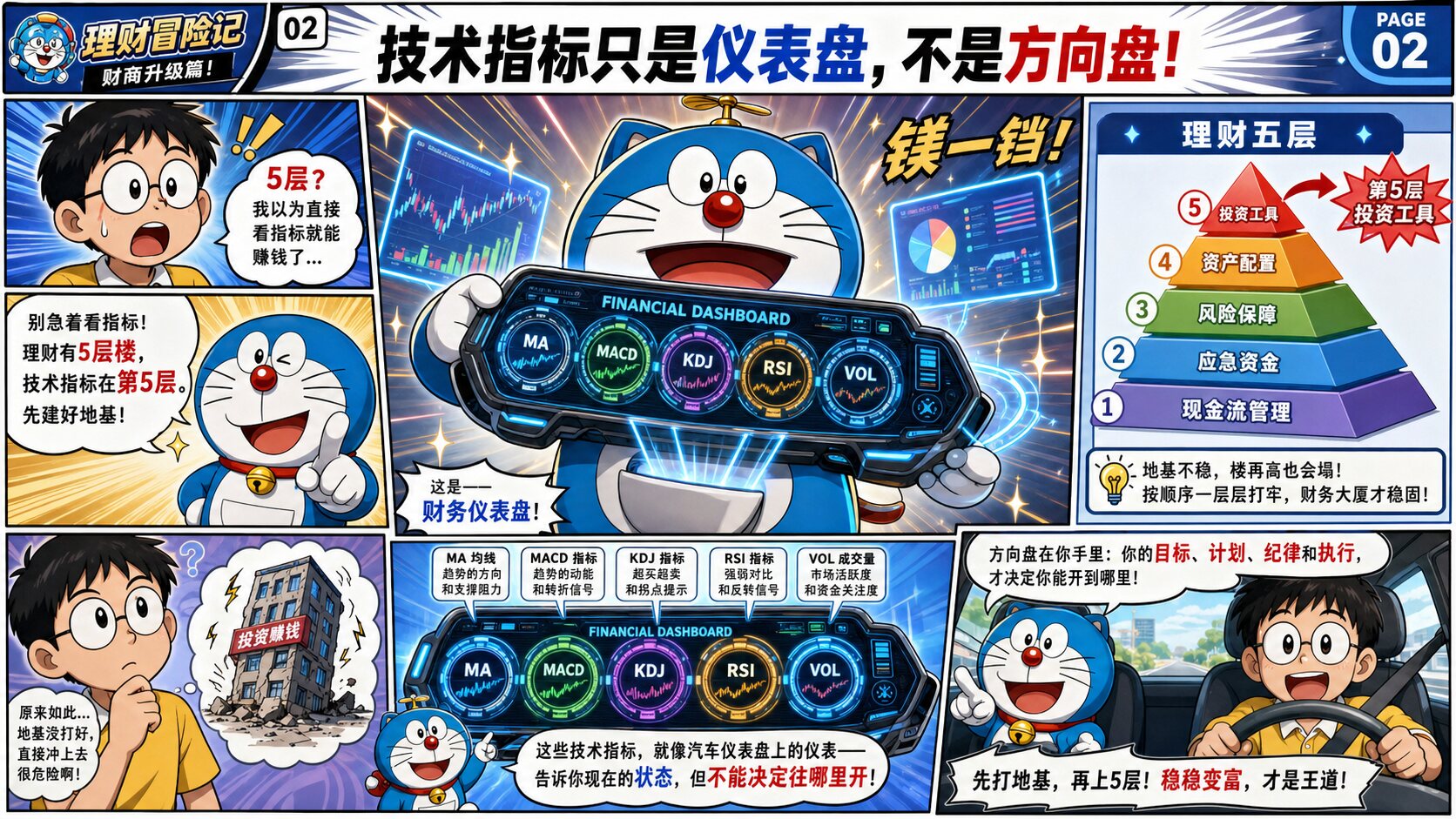 第2页：蓝色机器人展示金融仪表盘和理财五层